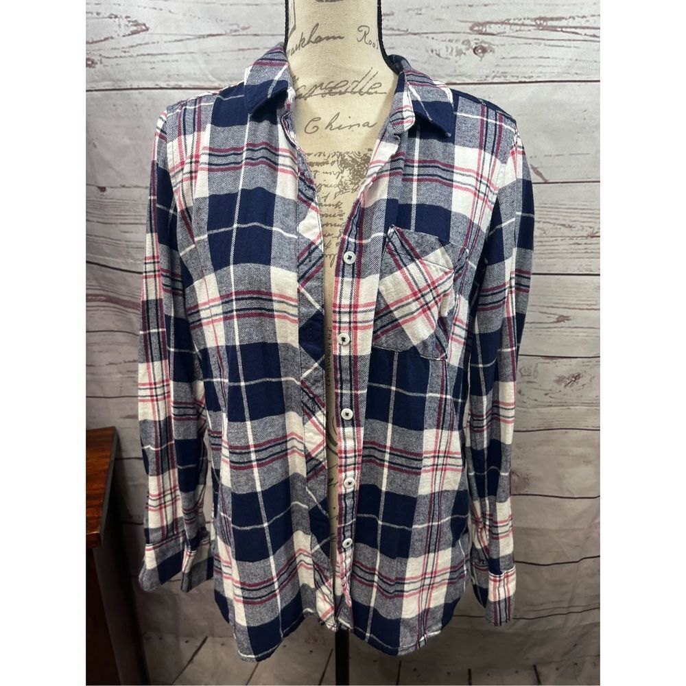 WOOLRICH Womens Plaid Flannel Shirt L G Navy Red White Long Sleeve Cotton Button